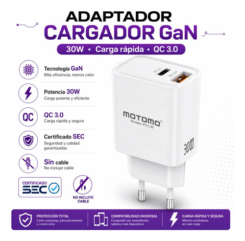 D_753893-MLC110126200896_042026-O.jpg Cargador Adaptador Tipo C y USB-a 30W Tecnología Gan Pd-l30 Blanco