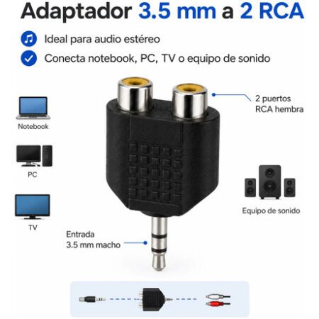 Adaptador Plug 3.5mm Estéreo A 2 Rca Hembra Audio Auxiliar