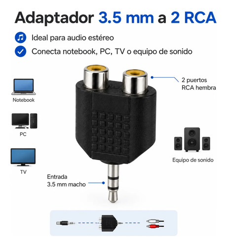 Adaptador Plug 3.5mm Estéreo A 2 Rca Hembra Audio Auxiliar