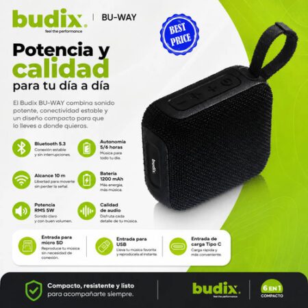 Parlante Bluetooth V5.3 Portátil 5w Micro Sd Usb Budix Negro