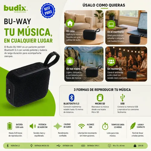 D_883800-MLC113194017904_072026-O.webp Parlante Bluetooth V5.3 Portátil 5w Micro Sd Usb Budix Negro