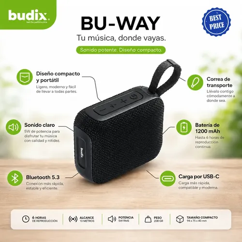 D_953336-MLC114427780937_072026-O.webp Parlante Bluetooth V5.3 Portátil 5w Micro Sd Usb Budix Negro