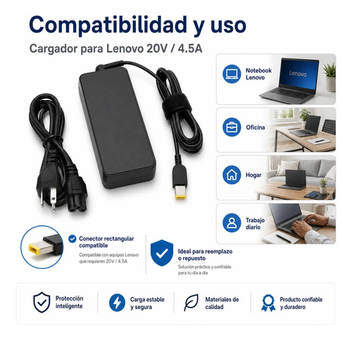 Cargador Para Notebook Lenovo 20v / 4.5a Punta Cuadrada Cargador Para Notebook Lenovo 20v / 4.5a Punta Cuadrada