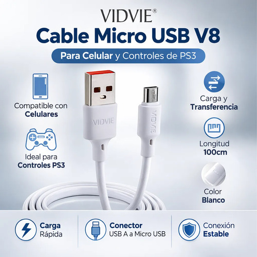 Cable Micro Usb V8 1 Metro Color Blanco Vidvie Dc06v