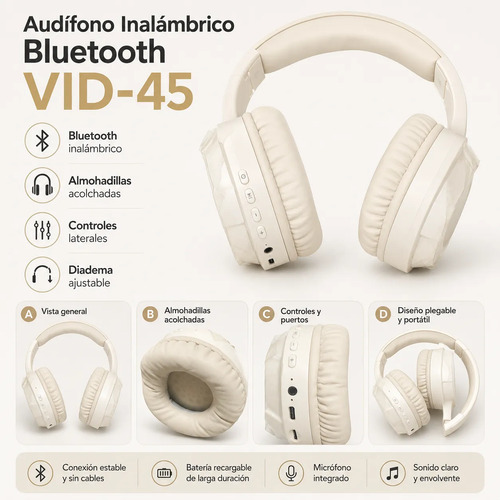 D_729883-MLC112259712269_052026-O.jpg Audífonos Inalámbricos Bluetooth Cintillo Crema Recargable