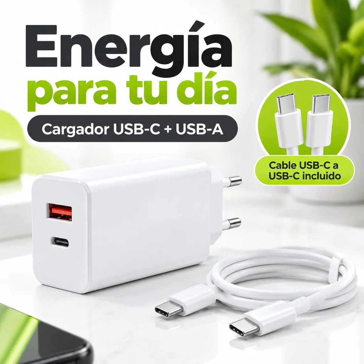 D_NQ_NP_701561-MLC118805595010_102026-F.jpg Cargador Carga Rápida Usb-c + Usb-a Con Cable Tipo C Blanco
