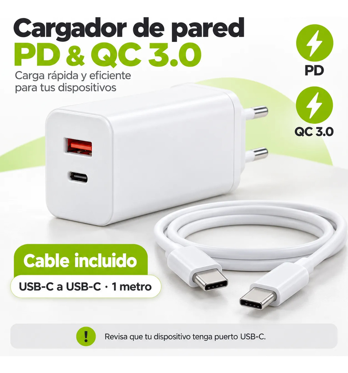 D_NQ_NP_970490-MLC120491099323_102026-F.jpg Cargador Carga Rápida Usb-c + Usb-a Con Cable Tipo C Blanco
