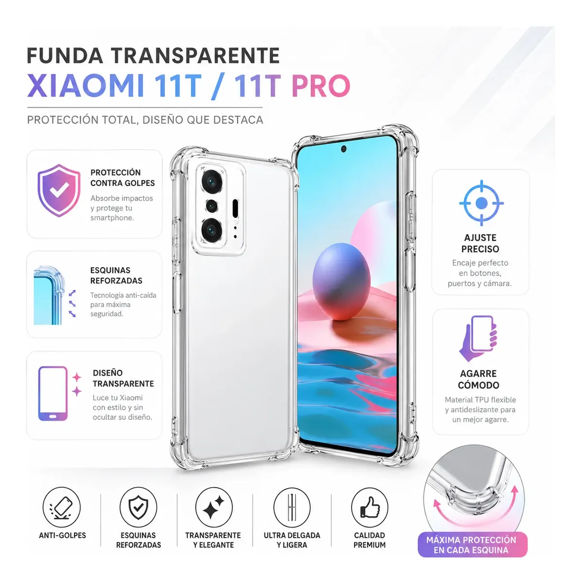 Carcasa Xiaomi 11T Transparente Antigolpe — vista 3 Carcasa Xiaomi 11T Transparente Antigolpe — vista 3